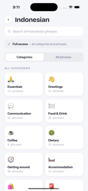 Indonesian phrases sorted into categories — Essentials, Greetings, Food & Drink and more