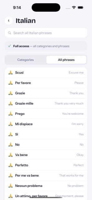 The full Italian phrase list, each phrase beside its English translation