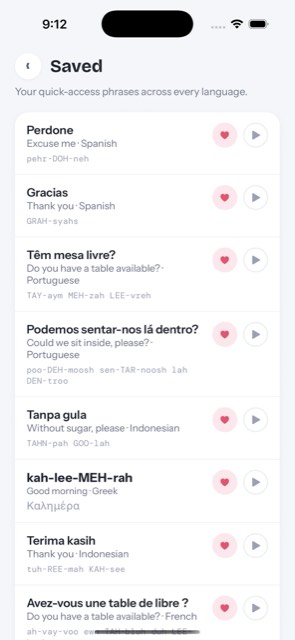 The Saved list, holding favourite phrases from several languages at once